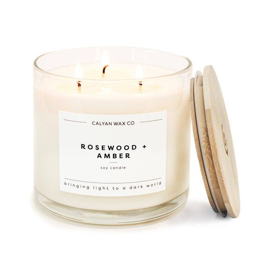 Rosewood + Amber - 3 Wick Clear Glass Tumbler Soy Candle