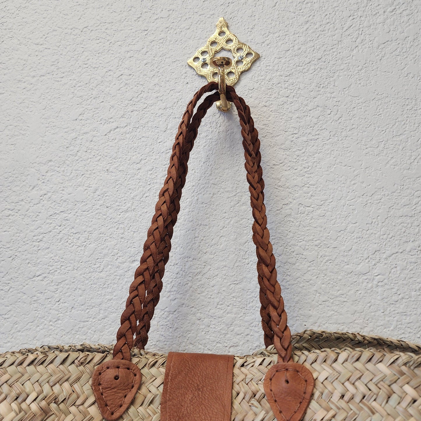 Handcrafted Moroccan Woven Market Basket with Leather Straps - Large Size Shopping Tote for Farmers Markets, French style market tote