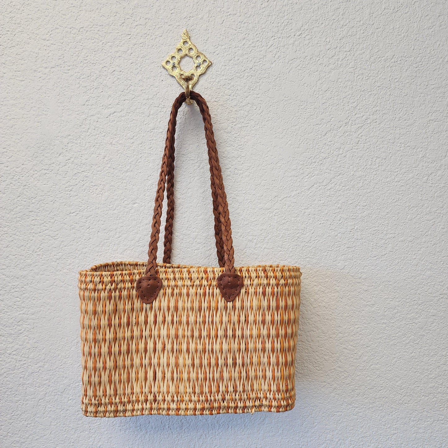 Vibrant Handwoven Moroccan Reed Basket - Essaouira Crafted Farmers Market Tote - African Shopping Carrier