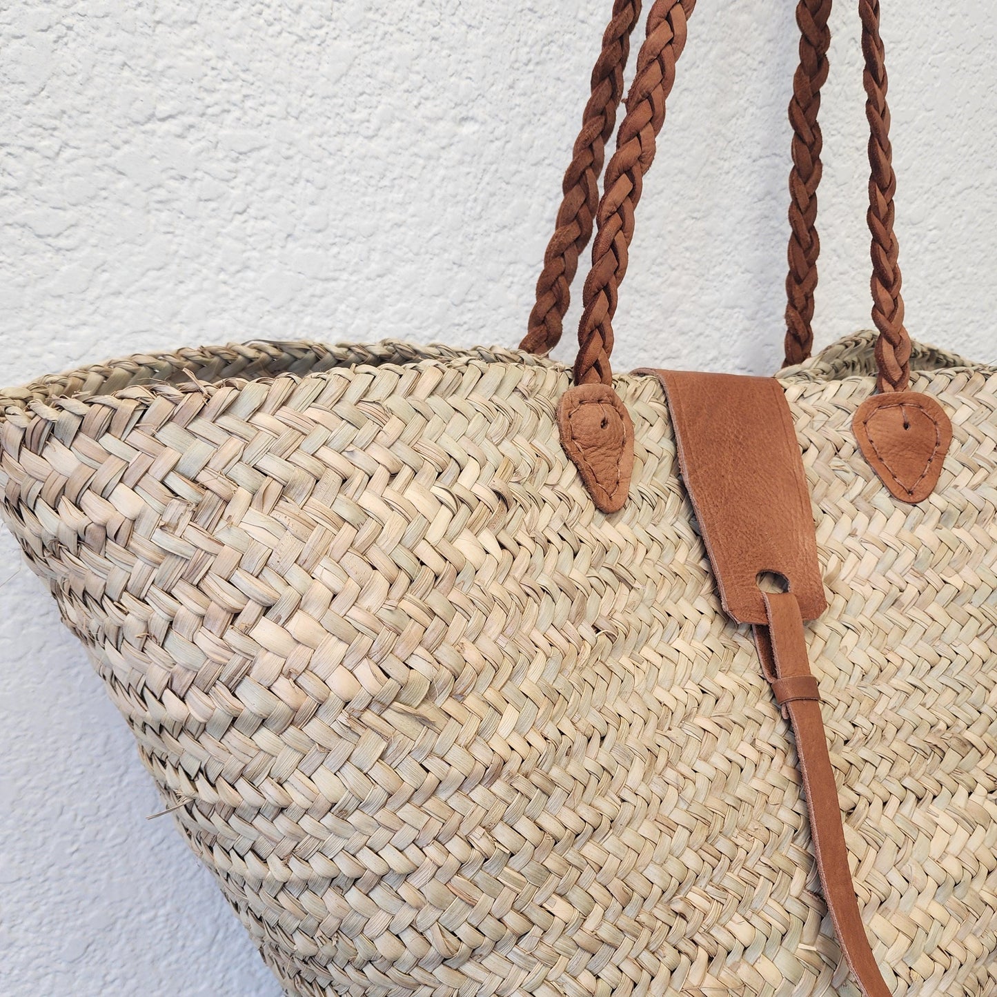 Handcrafted Moroccan Woven Market Basket with Leather Straps - Large Size Shopping Tote for Farmers Markets, French style market tote