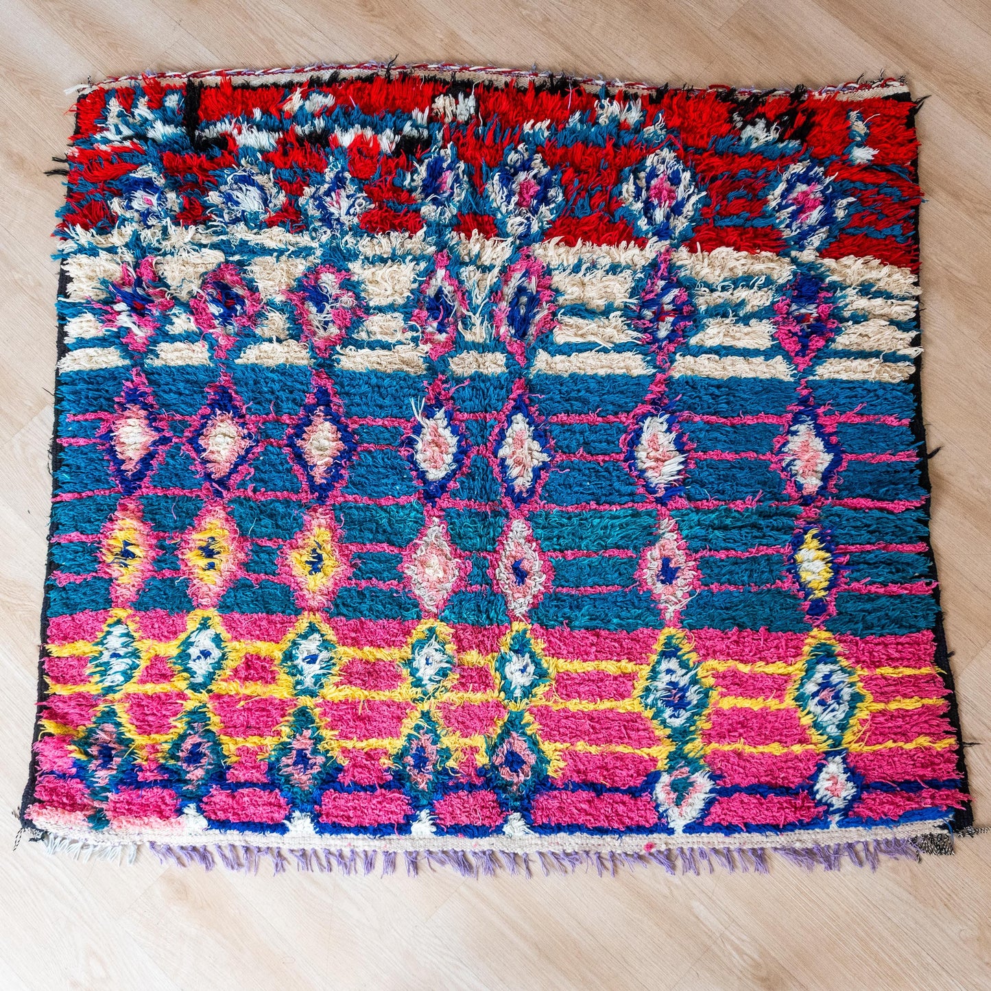 Vibrant Square Moroccan Boucherite Rug: Eclectic Home Decor, Artisan-Made, Sustainable Conversation Piece