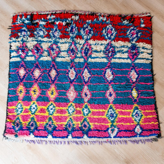 Vibrant Square Moroccan Boucherite Rug: Eclectic Home Decor, Artisan-Made, Sustainable Conversation Piece