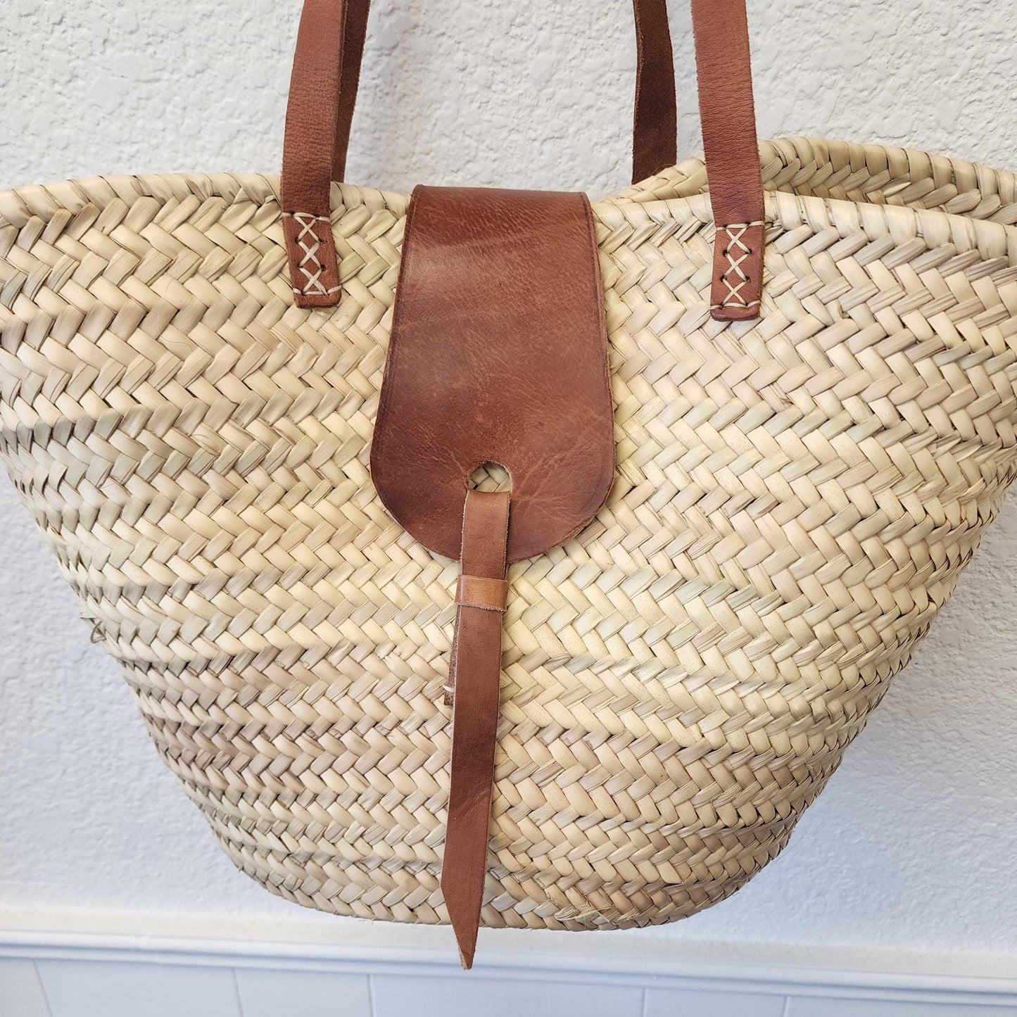 Handcrafted Moroccan Woven Market Basket with Leather Straps - Large Size Shopping Tote for Farmers Markets, French style market tote