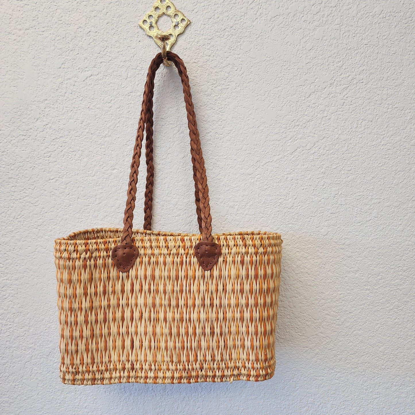 Vibrant Handwoven Moroccan Reed Basket - Essaouira Crafted Farmers Market Tote - African Shopping Carrier