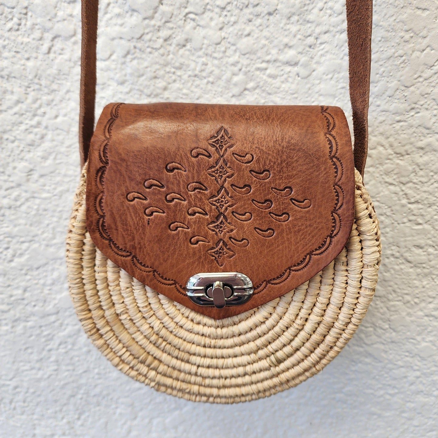 Unique Handmade Moroccan Round Leather Raffia Satchel - Tooled, Beachy Purse from Essaouira, Morocco