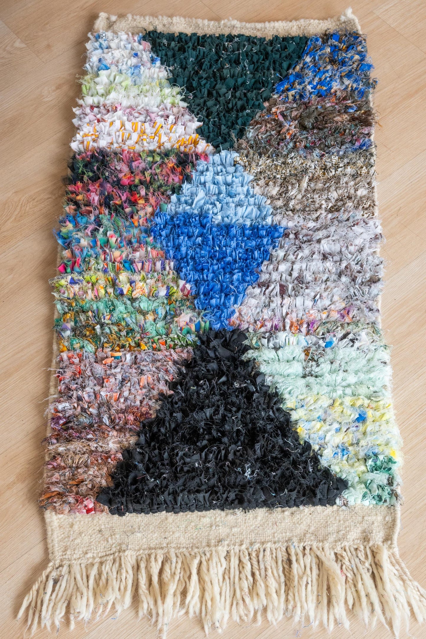 Vibrant Moroccan Boucherouite Accent Rug: Handwoven Bohemian Floor Art for Eclectic Home Decor