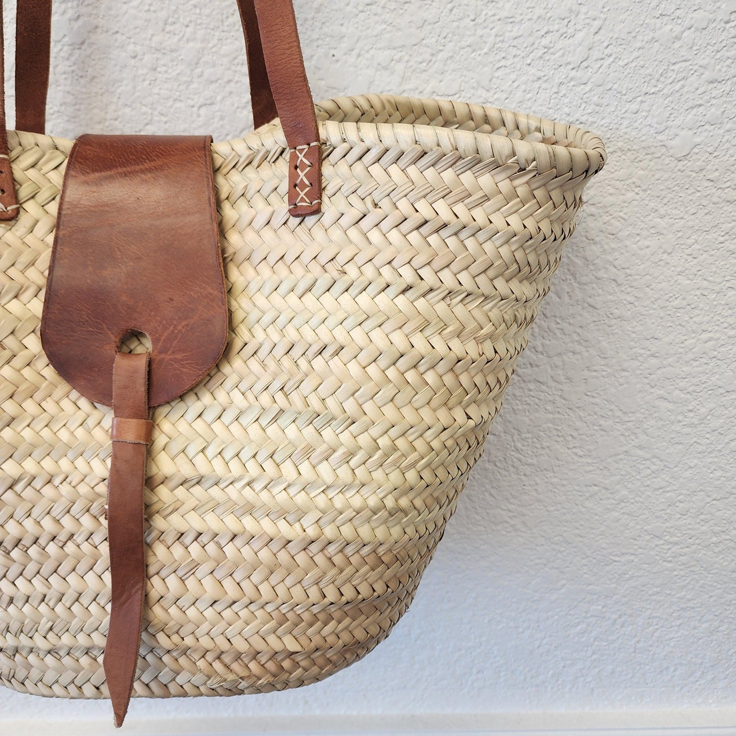 Handcrafted Moroccan Woven Market Basket with Leather Straps - Large Size Shopping Tote for Farmers Markets, French style market tote