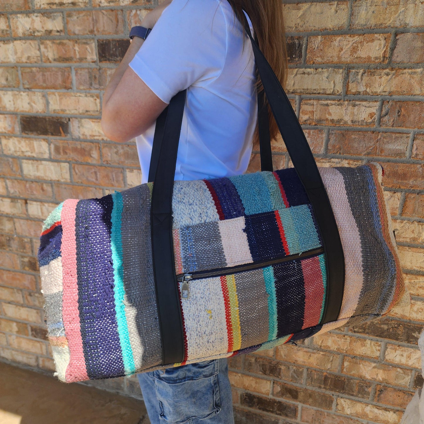 Vintage Moroccan Handwoven Blanket Duffle Bag - Upcycled Weekender Travel Luggage Tote