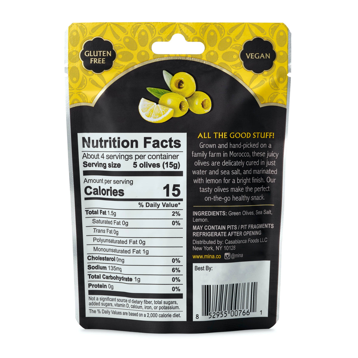 2.11 oz Olive Snack, Pitted Green with Lemon