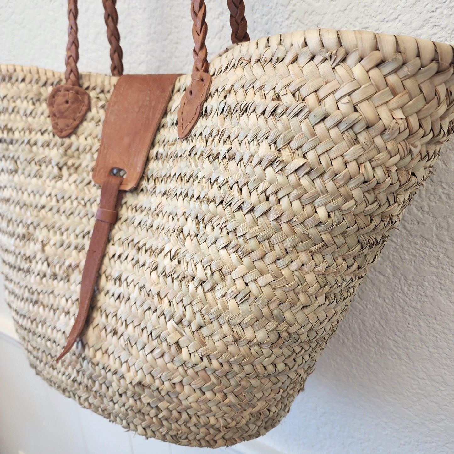 Handcrafted Moroccan Woven Market Basket with Leather Straps - Large Size Shopping Tote for Farmers Markets, French style market tote