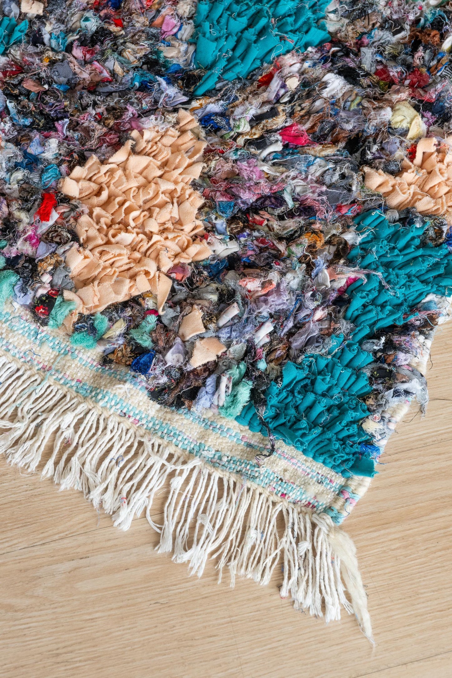Vibrant Moroccan Boucherouite Accent Rug: Handwoven Bohemian Floor Art for Eclectic Home Decor