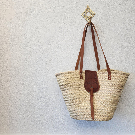 Handcrafted Moroccan Woven Market Basket with Leather Straps - Large Size Shopping Tote for Farmers Markets, French style market tote