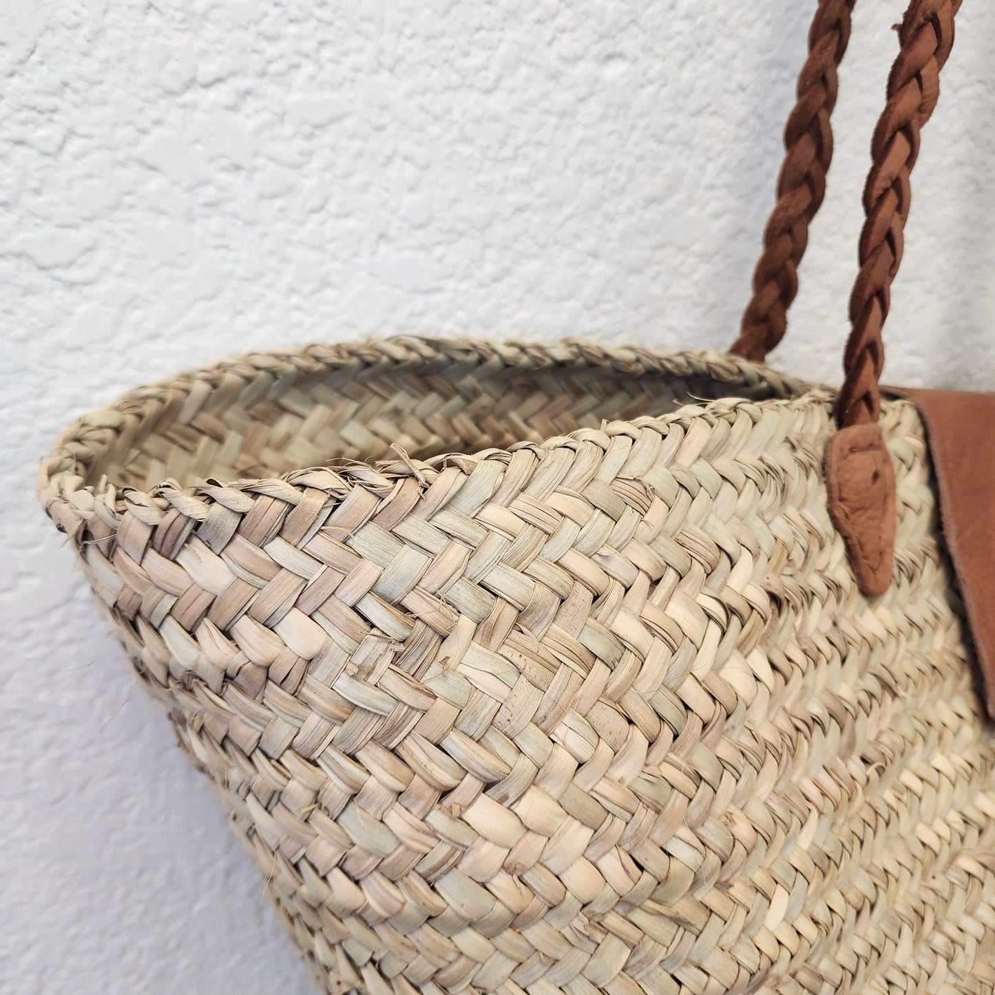 Handcrafted Moroccan Woven Market Basket with Leather Straps - Large Size Shopping Tote for Farmers Markets, French style market tote