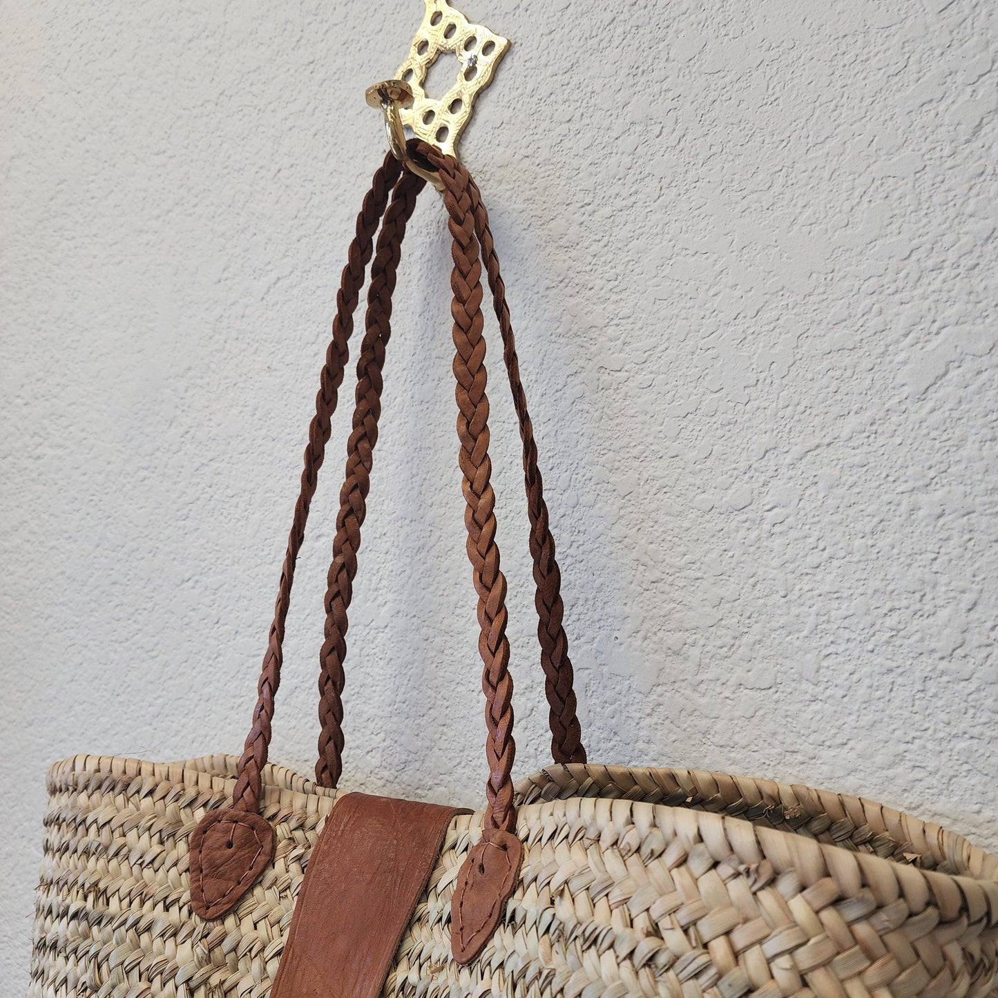 Handcrafted Moroccan Woven Market Basket with Leather Straps - Large Size Shopping Tote for Farmers Markets, French style market tote