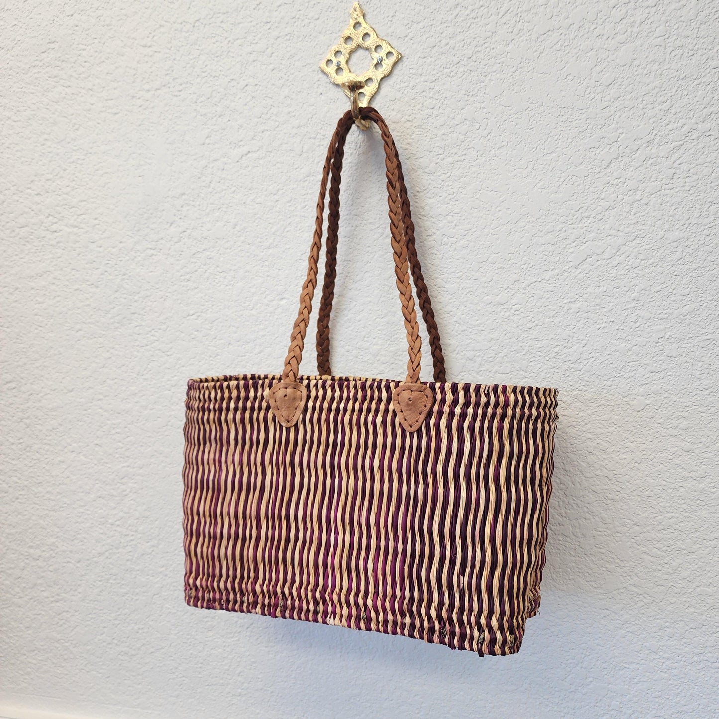 Vibrant Handwoven Moroccan Reed Basket - Essaouira Crafted Farmers Market Tote - African Shopping Carrier