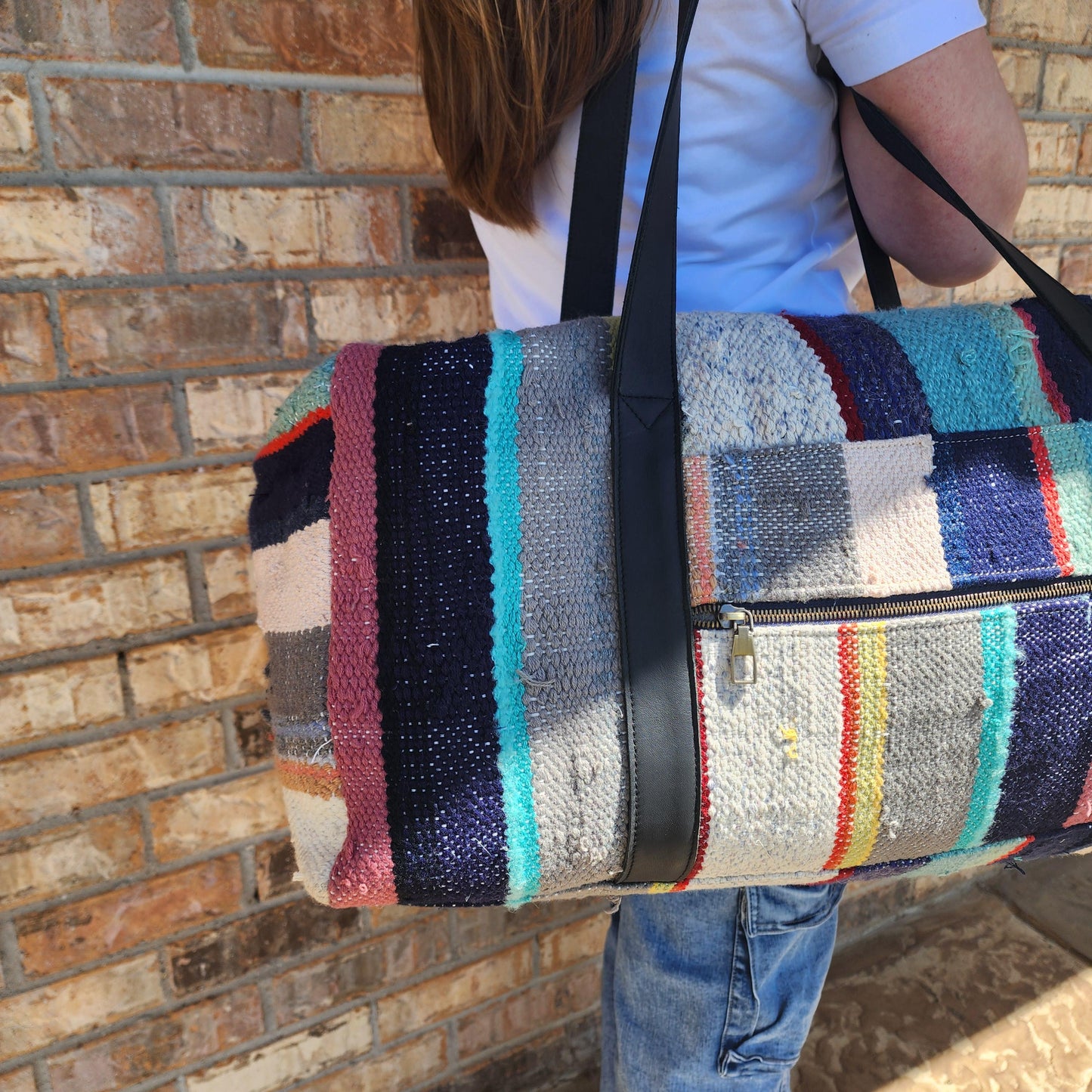 Vintage Moroccan Handwoven Blanket Duffle Bag - Upcycled Weekender Travel Luggage Tote