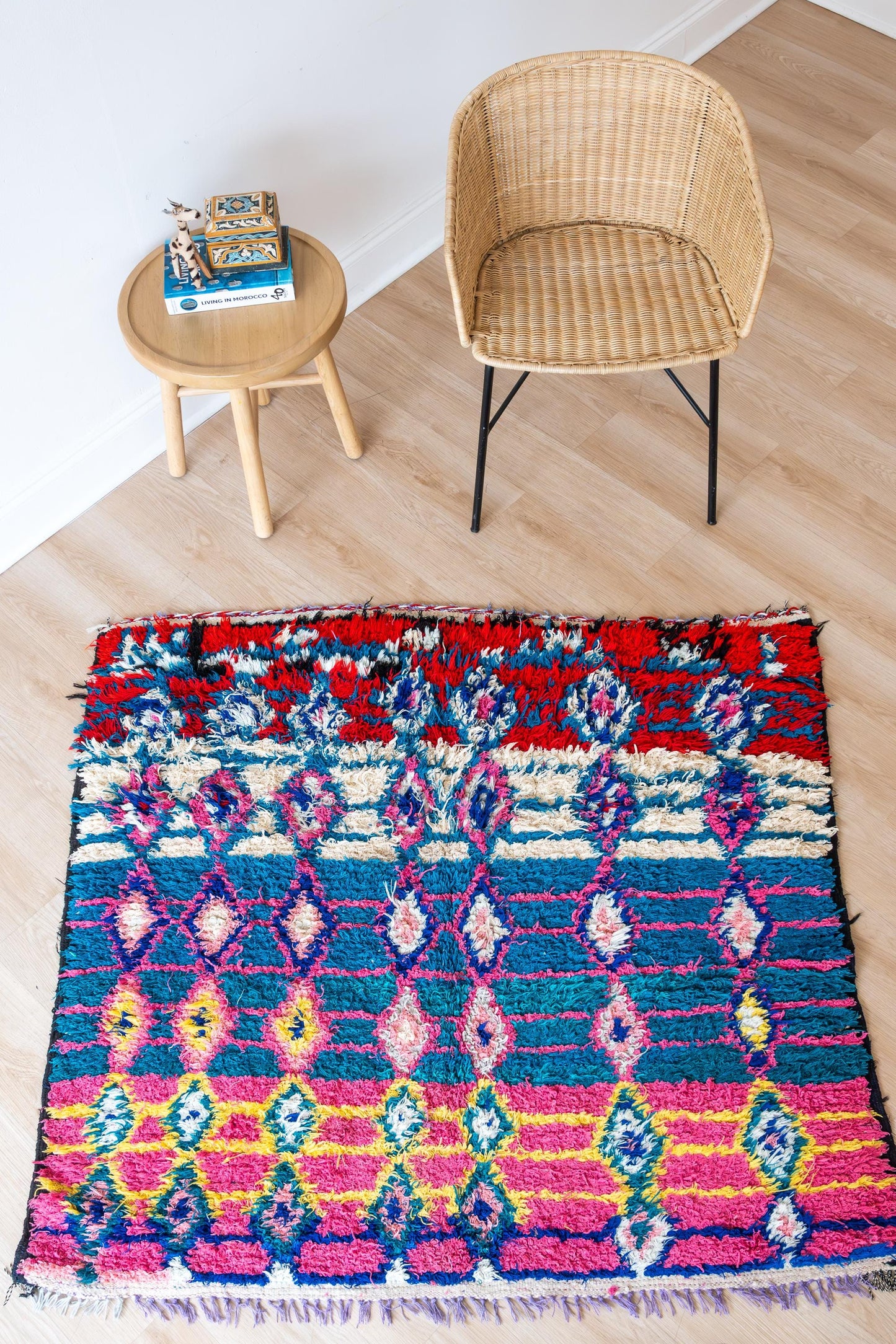 Vibrant Square Moroccan Boucherite Rug: Eclectic Home Decor, Artisan-Made, Sustainable Conversation Piece