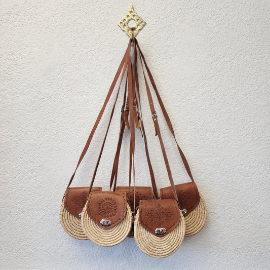 Unique Handmade Moroccan Round Leather Raffia Satchel - Tooled, Beachy Purse from Essaouira, Morocco