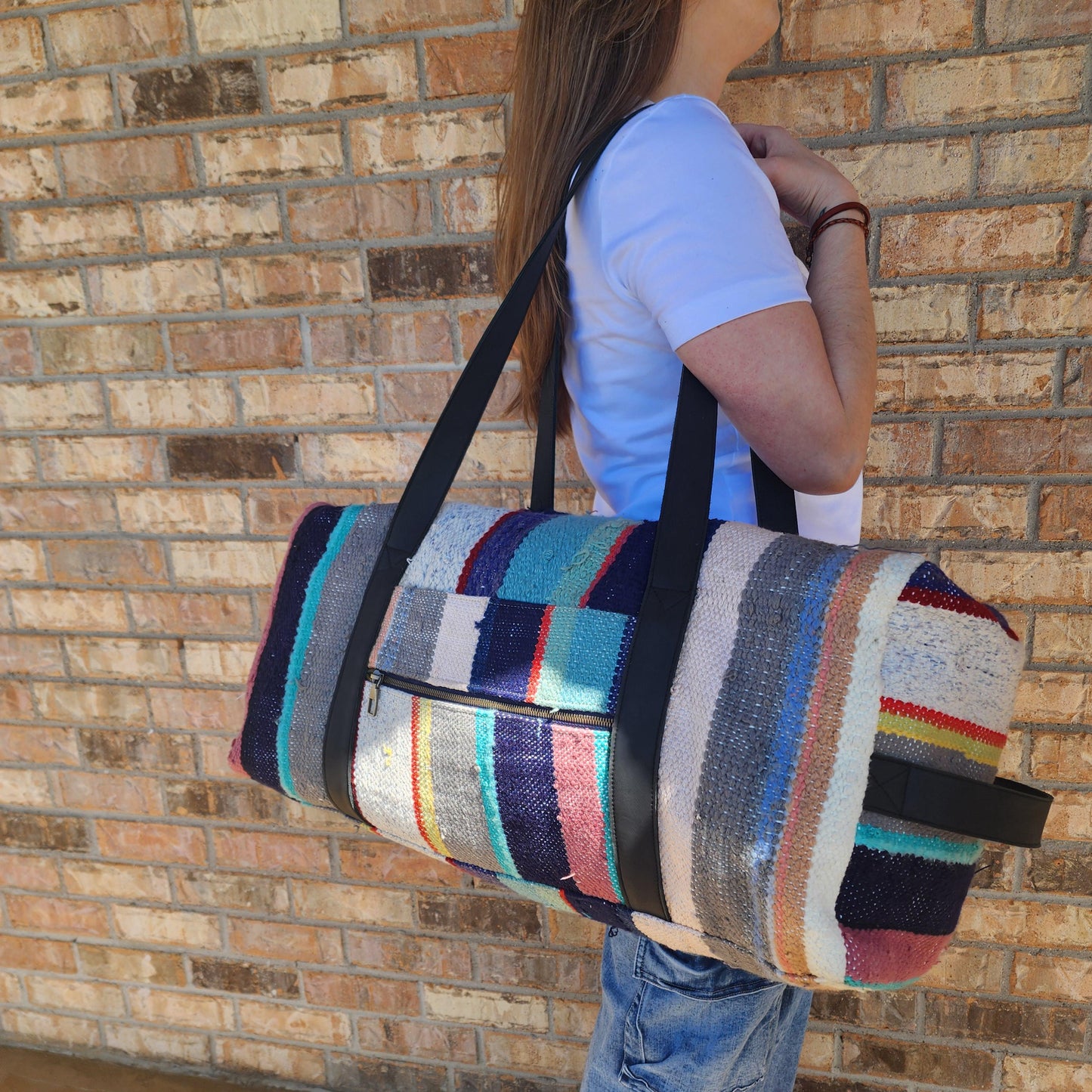 Vintage Moroccan Handwoven Blanket Duffle Bag - Upcycled Weekender Travel Luggage Tote
