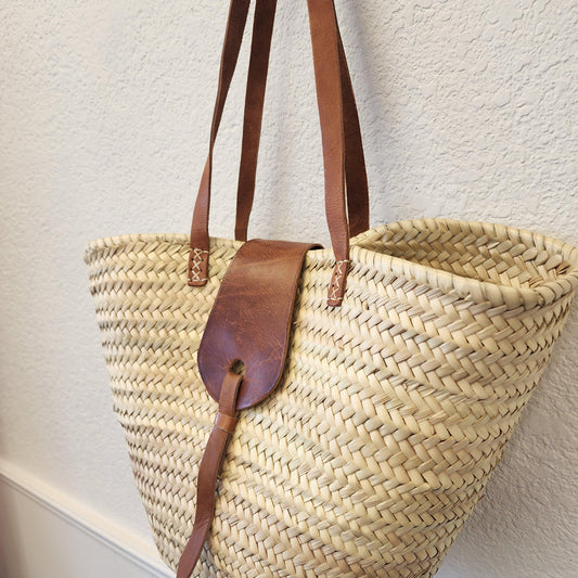 Handcrafted Moroccan Woven Market Basket with Leather Straps - Large Size Shopping Tote for Farmers Markets, French style market tote