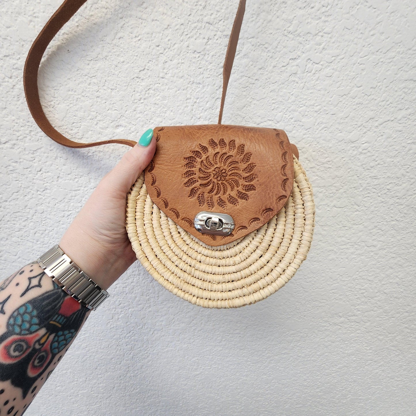Unique Handmade Moroccan Round Leather Raffia Satchel - Tooled, Beachy Purse from Essaouira, Morocco