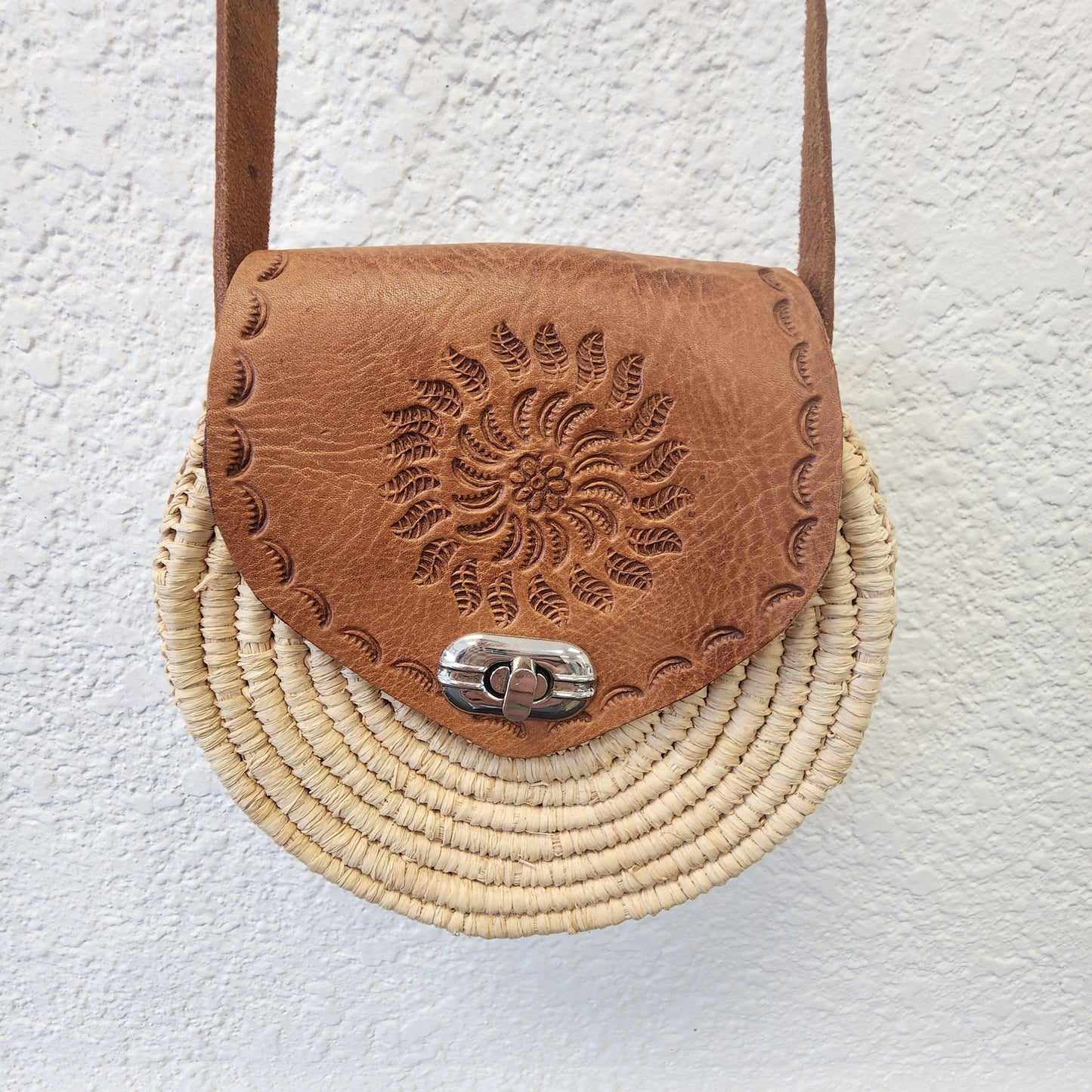 Unique Handmade Moroccan Round Leather Raffia Satchel - Tooled, Beachy Purse from Essaouira, Morocco