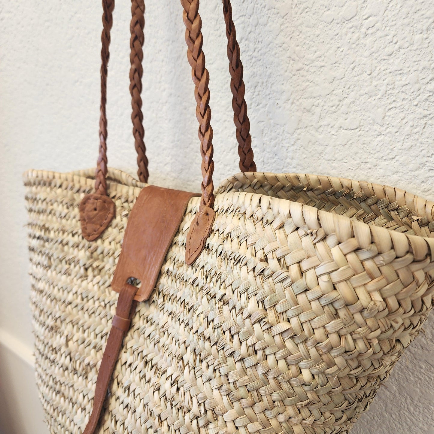 Handcrafted Moroccan Woven Market Basket with Leather Straps - Large Size Shopping Tote for Farmers Markets, French style market tote