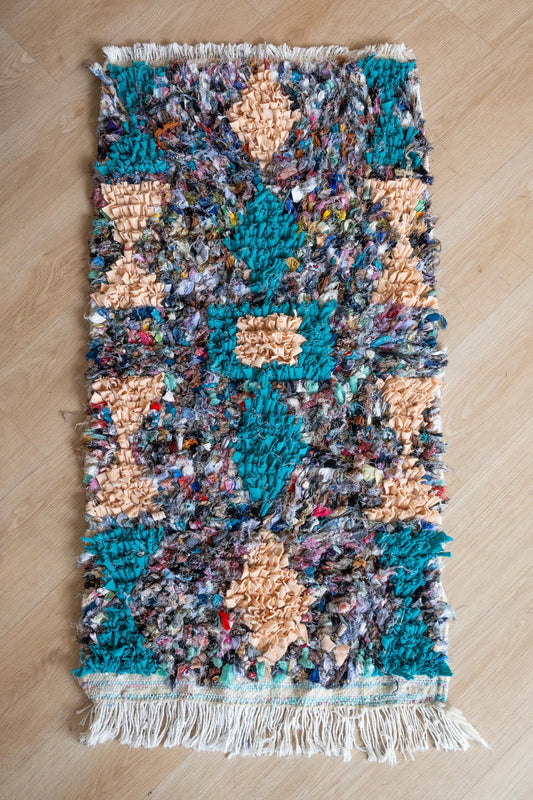 Vibrant Moroccan Boucherouite Accent Rug: Handwoven Bohemian Floor Art for Eclectic Home Decor