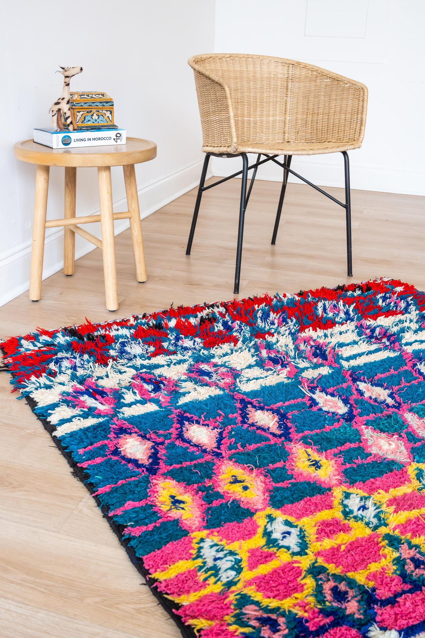 Vibrant Square Moroccan Boucherite Rug: Eclectic Home Decor, Artisan-Made, Sustainable Conversation Piece
