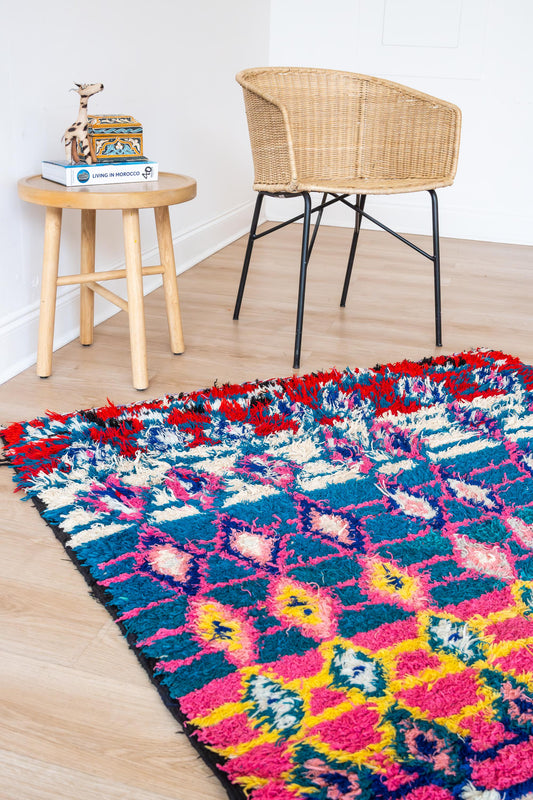 Vibrant Square Moroccan Boucherite Rug: Eclectic Home Decor, Artisan-Made, Sustainable Conversation Piece