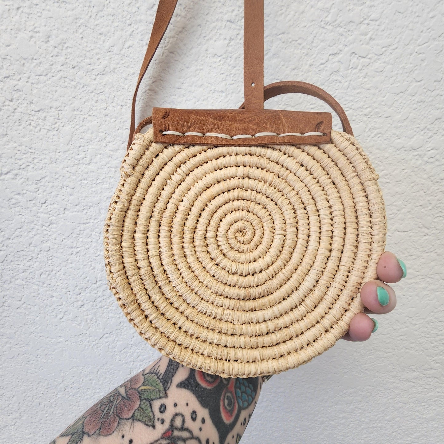 Unique Handmade Moroccan Round Leather Raffia Satchel - Tooled, Beachy Purse from Essaouira, Morocco