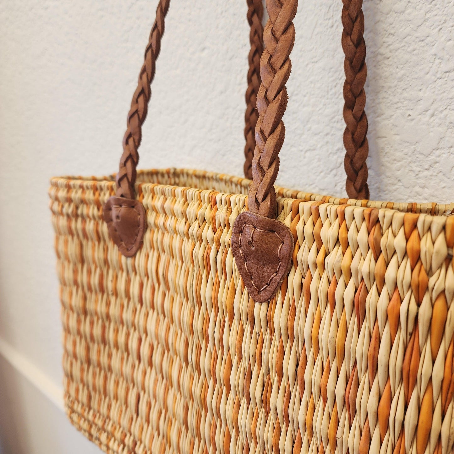 Vibrant Handwoven Moroccan Reed Basket - Essaouira Crafted Farmers Market Tote - African Shopping Carrier
