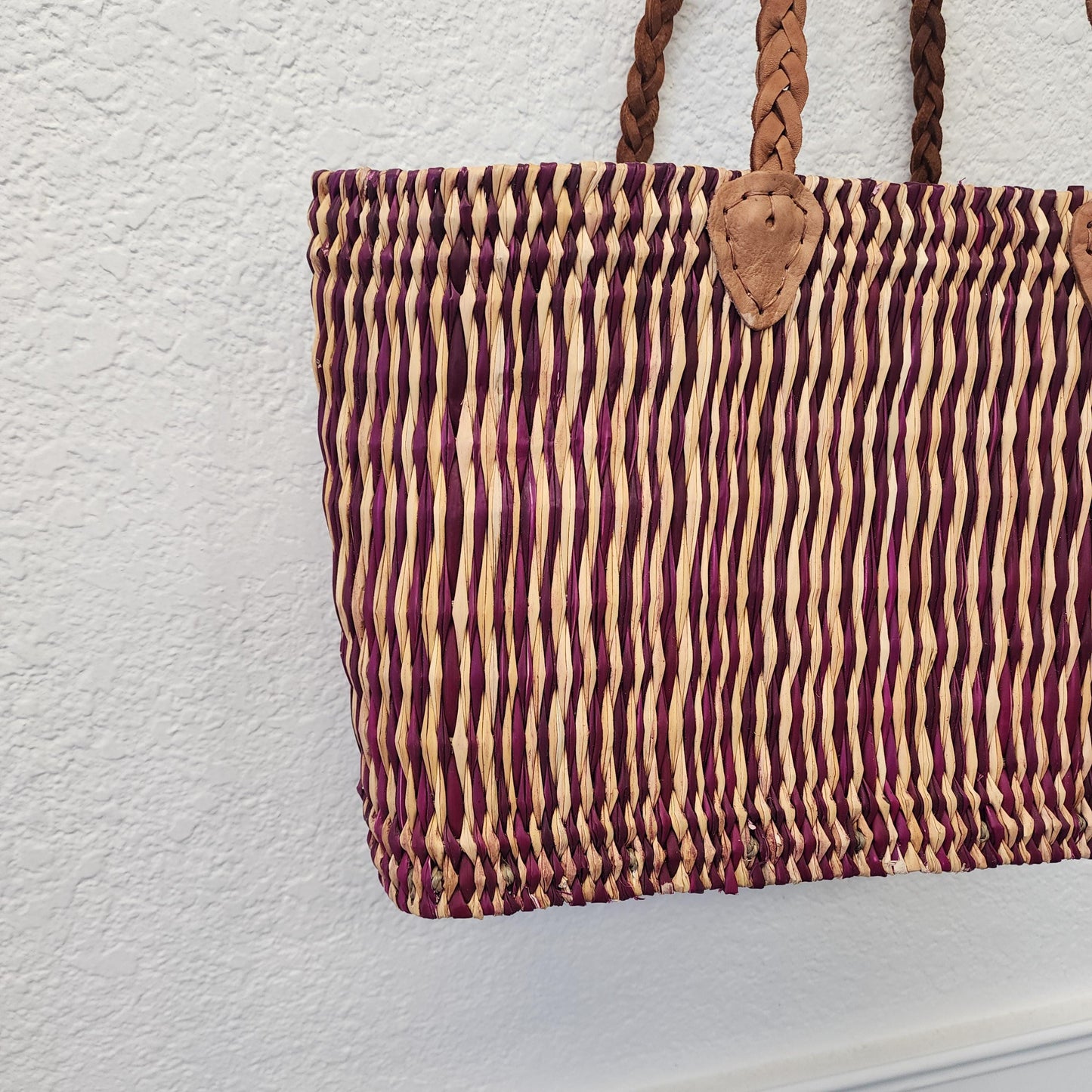 Vibrant Handwoven Moroccan Reed Basket - Essaouira Crafted Farmers Market Tote - African Shopping Carrier