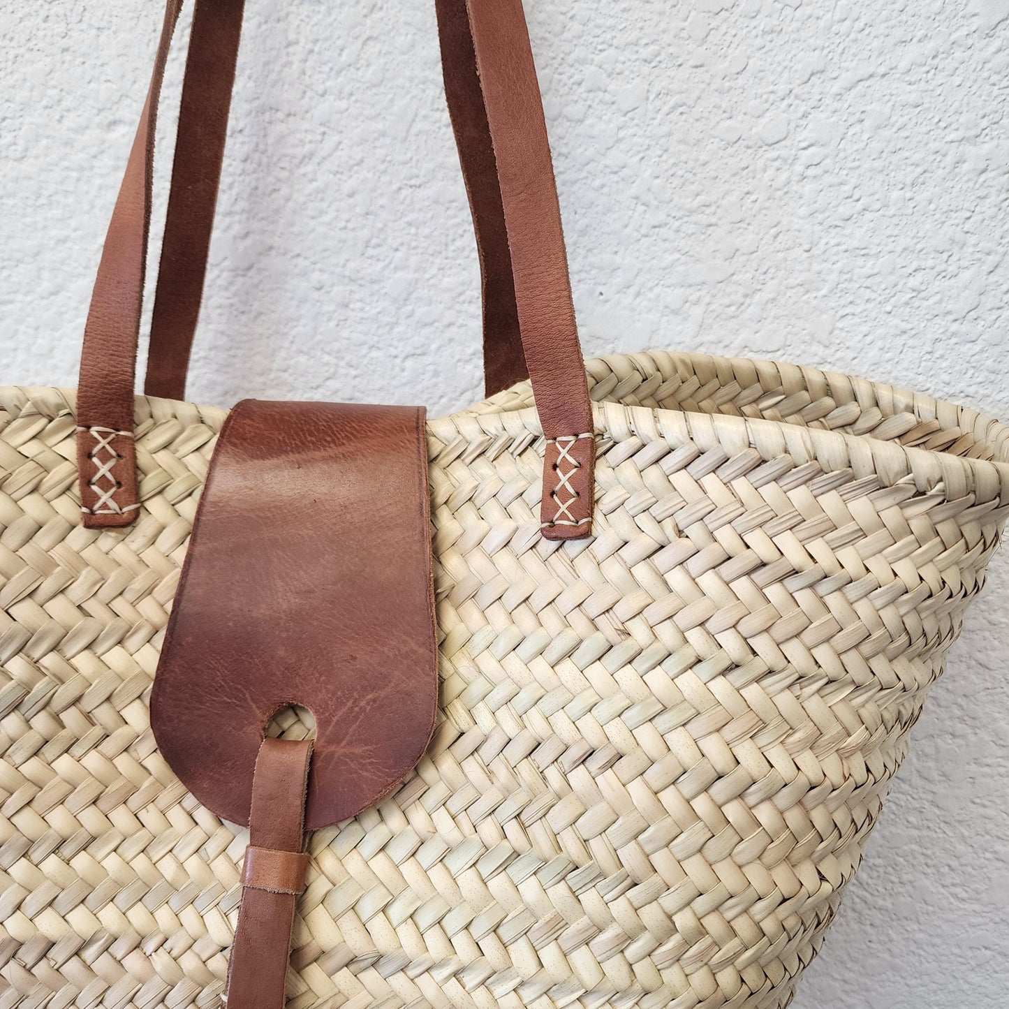 Handcrafted Moroccan Woven Market Basket with Leather Straps - Large Size Shopping Tote for Farmers Markets, French style market tote