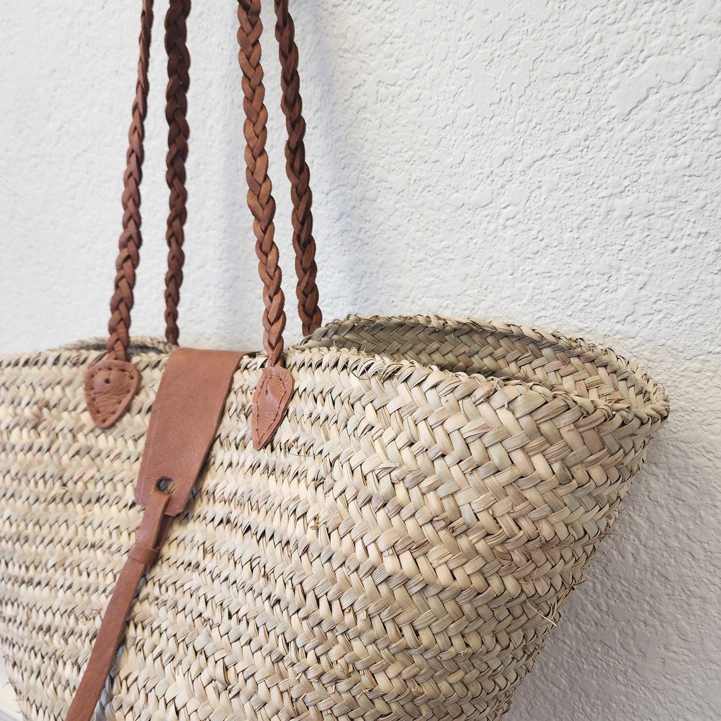 Handcrafted Moroccan Woven Market Basket with Leather Straps - Large Size Shopping Tote for Farmers Markets, French style market tote