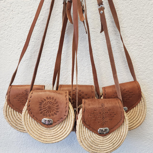 Unique Handmade Moroccan Round Leather Raffia Satchel - Tooled, Beachy Purse from Essaouira, Morocco