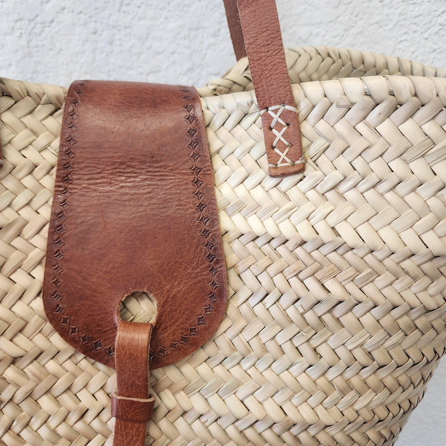 Handcrafted Moroccan Woven Market Basket with Leather Straps - Large Size Shopping Tote for Farmers Markets, French style market tote