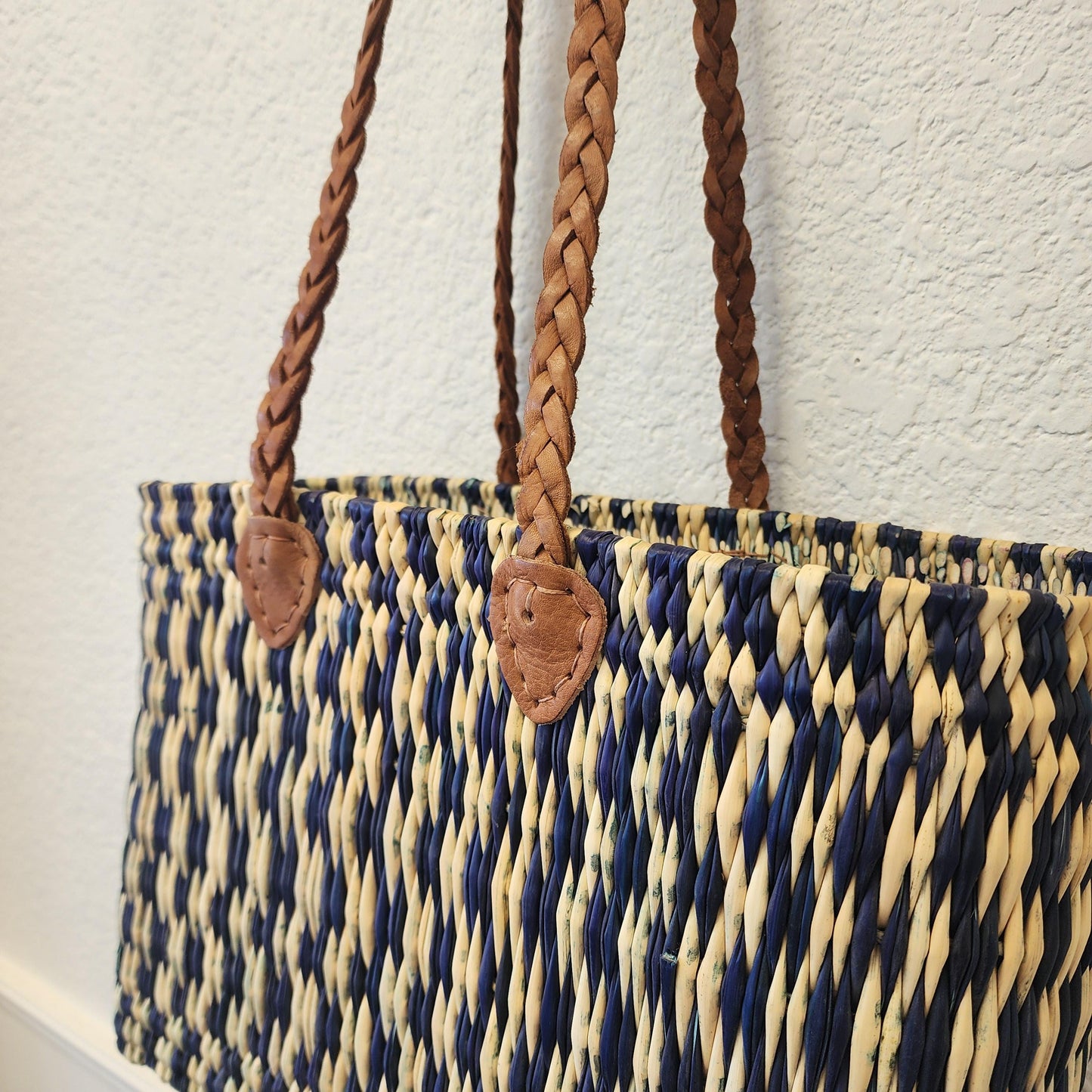 Vibrant Handwoven Moroccan Reed Basket - Essaouira Crafted Farmers Market Tote - African Shopping Carrier