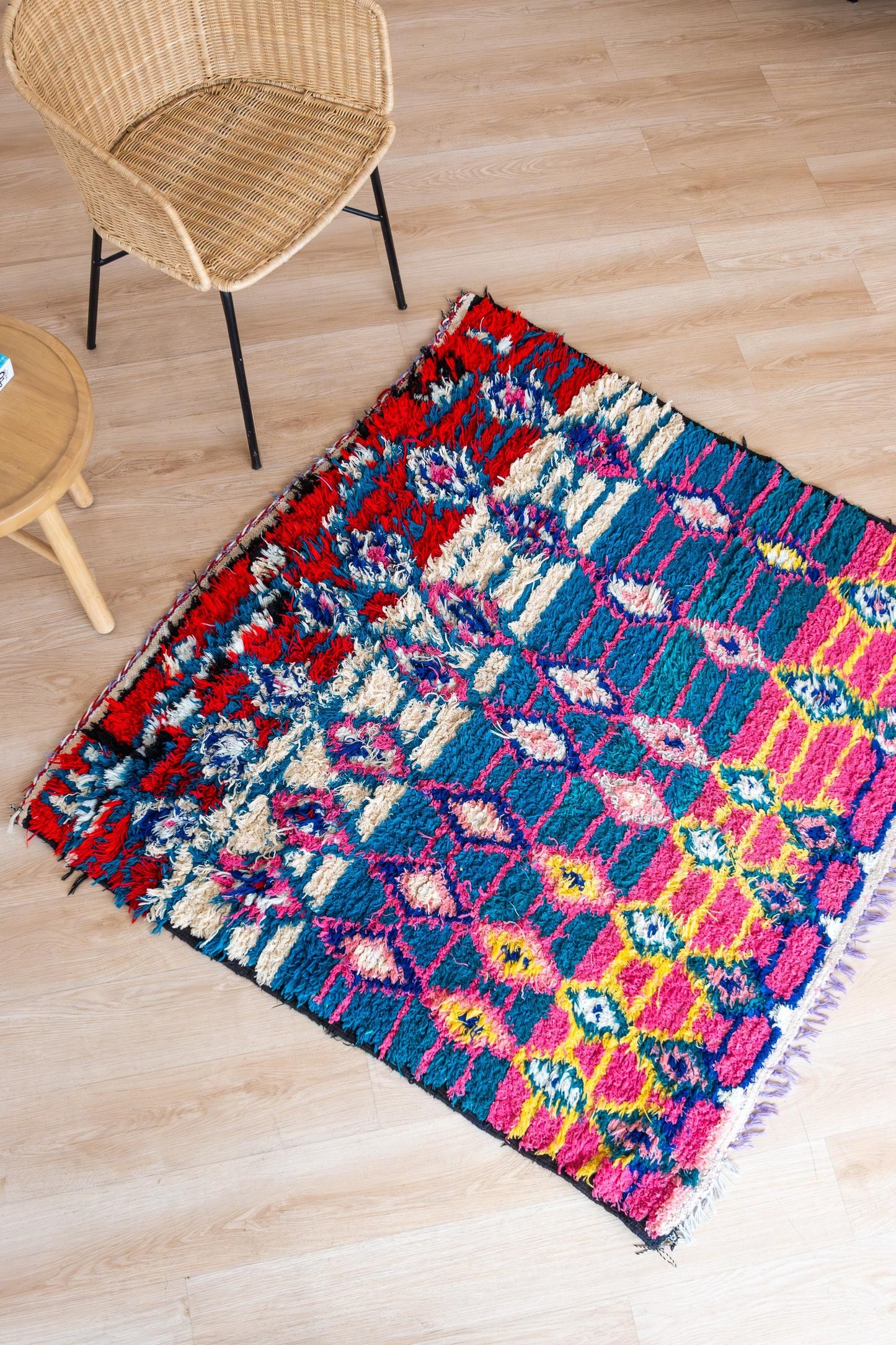 Vibrant Square Moroccan Boucherite Rug: Eclectic Home Decor, Artisan-Made, Sustainable Conversation Piece