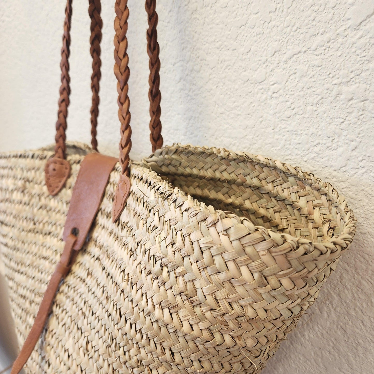 Handcrafted Moroccan Woven Market Basket with Leather Straps - Large Size Shopping Tote for Farmers Markets, French style market tote