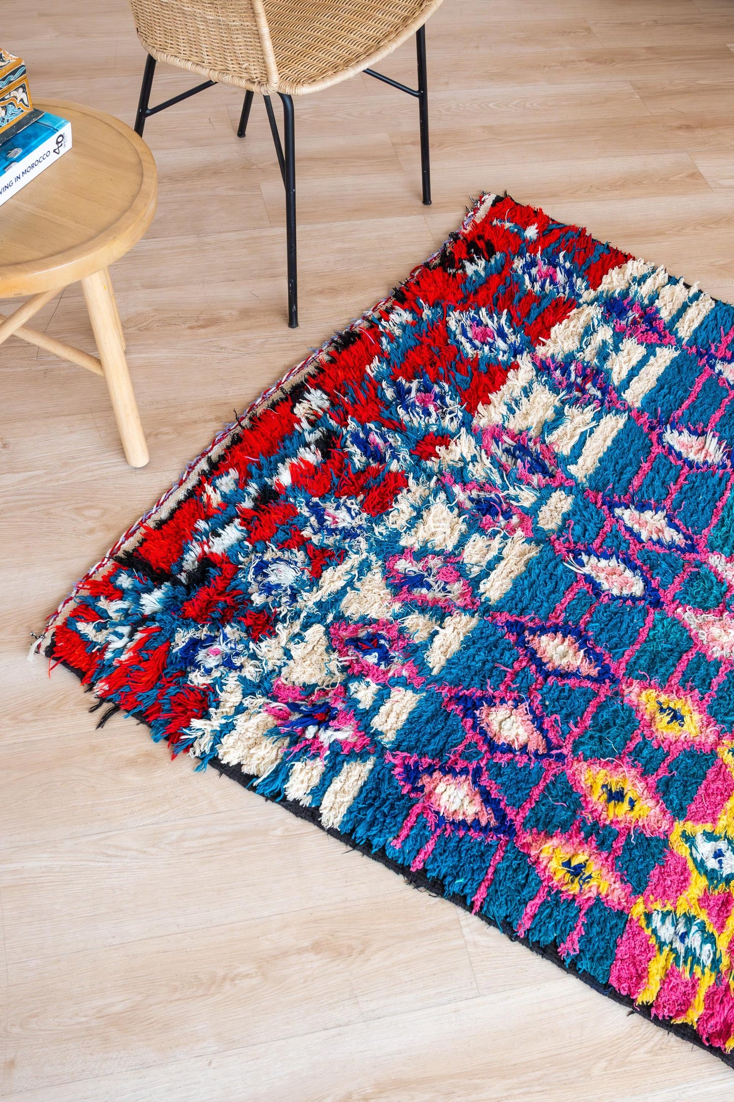 Vibrant Square Moroccan Boucherite Rug: Eclectic Home Decor, Artisan-Made, Sustainable Conversation Piece