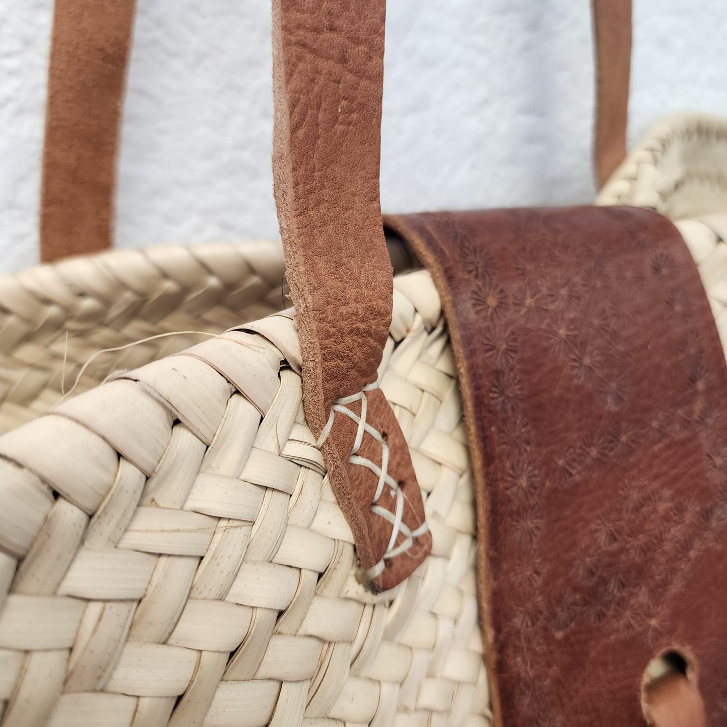 Handcrafted Moroccan Woven Market Basket with Leather Straps - Large Size Shopping Tote for Farmers Markets, French style market tote