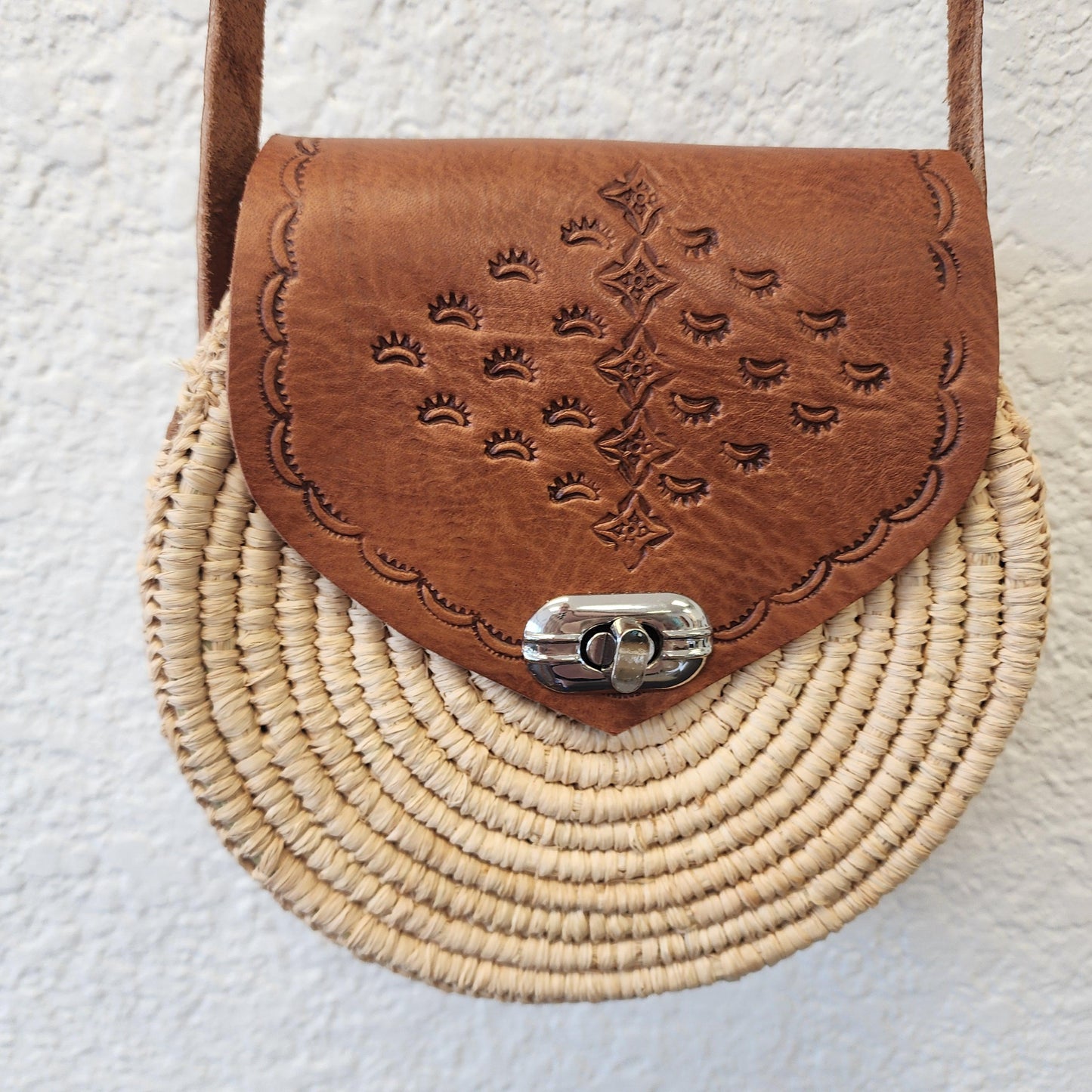 Unique Handmade Moroccan Round Leather Raffia Satchel - Tooled, Beachy Purse from Essaouira, Morocco