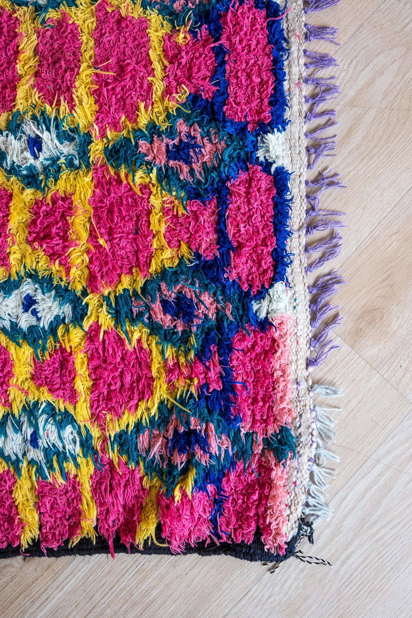 Vibrant Square Moroccan Boucherite Rug: Eclectic Home Decor, Artisan-Made, Sustainable Conversation Piece