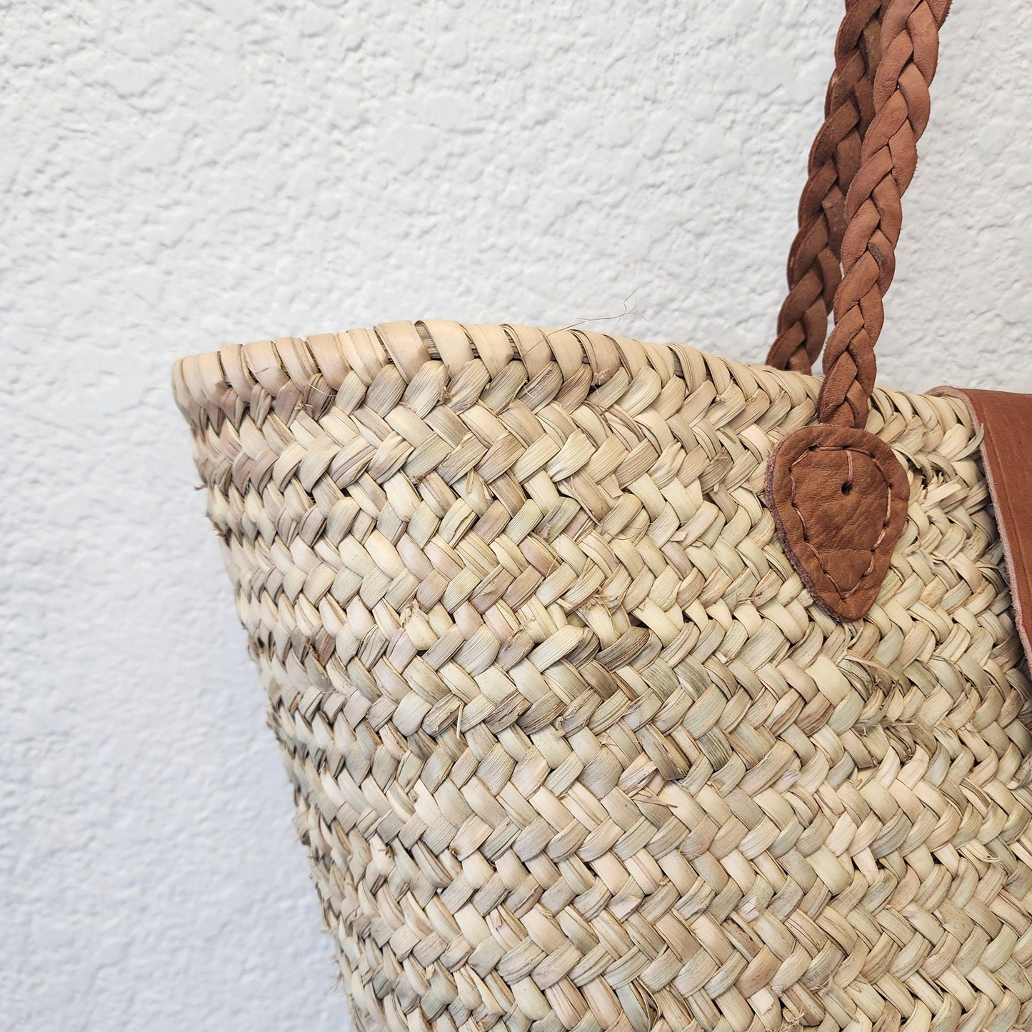 Handcrafted Moroccan Woven Market Basket with Leather Straps - Large Size Shopping Tote for Farmers Markets, French style market tote