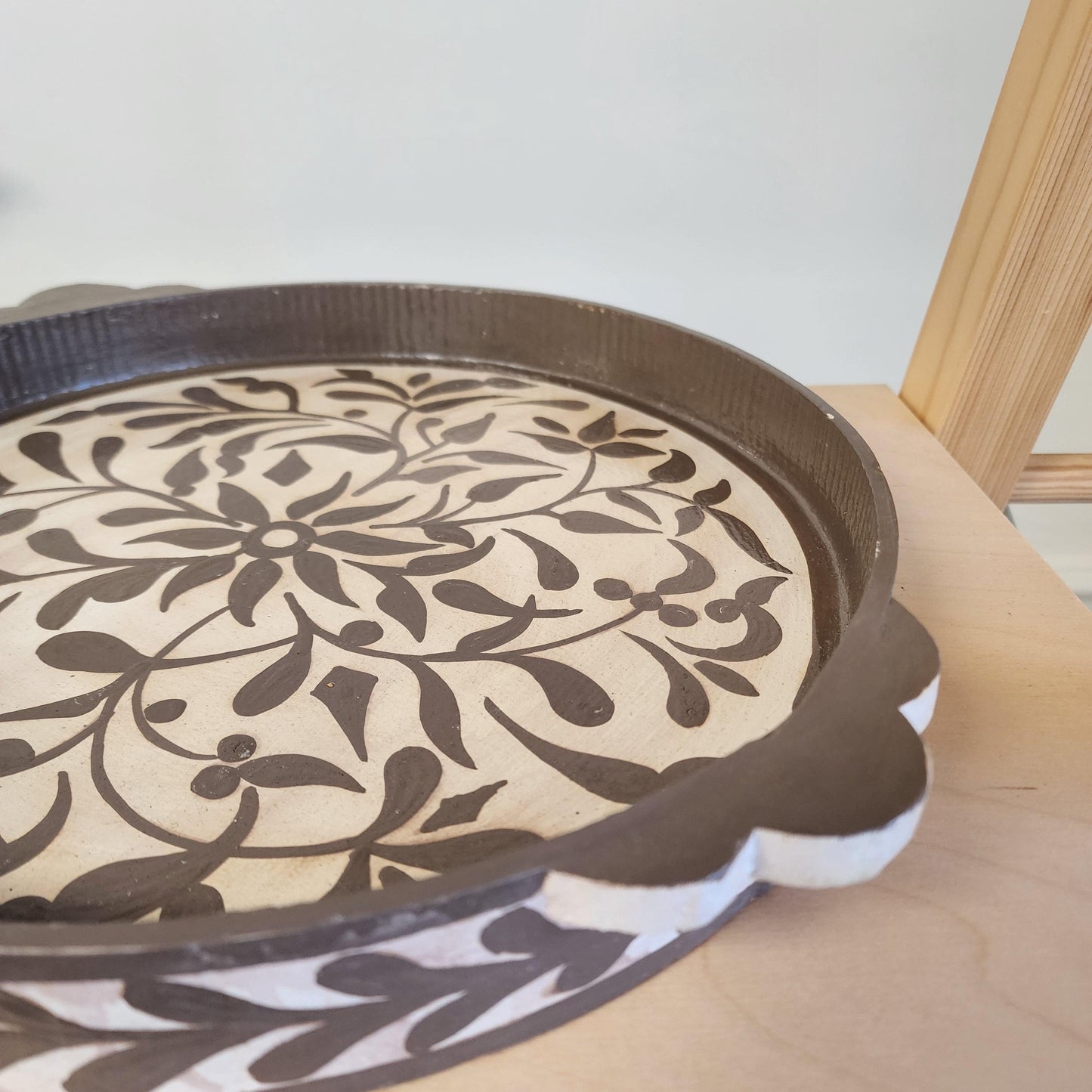Handpainted Moroccan Floral Tray: Taupe Wooden Decorative Serving Platter, Artisan-Crafted Candle Holder