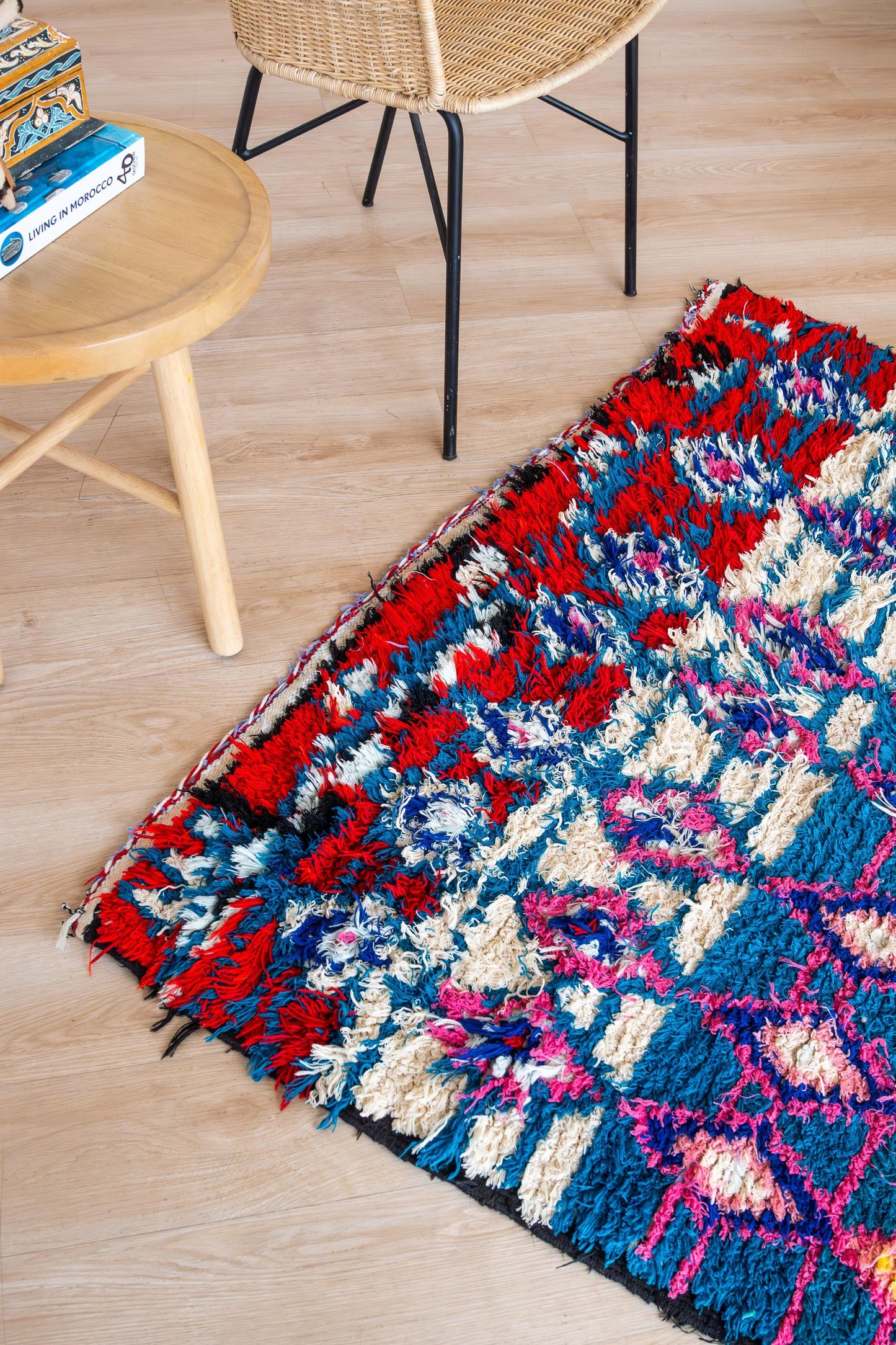 Vibrant Square Moroccan Boucherite Rug: Eclectic Home Decor, Artisan-Made, Sustainable Conversation Piece
