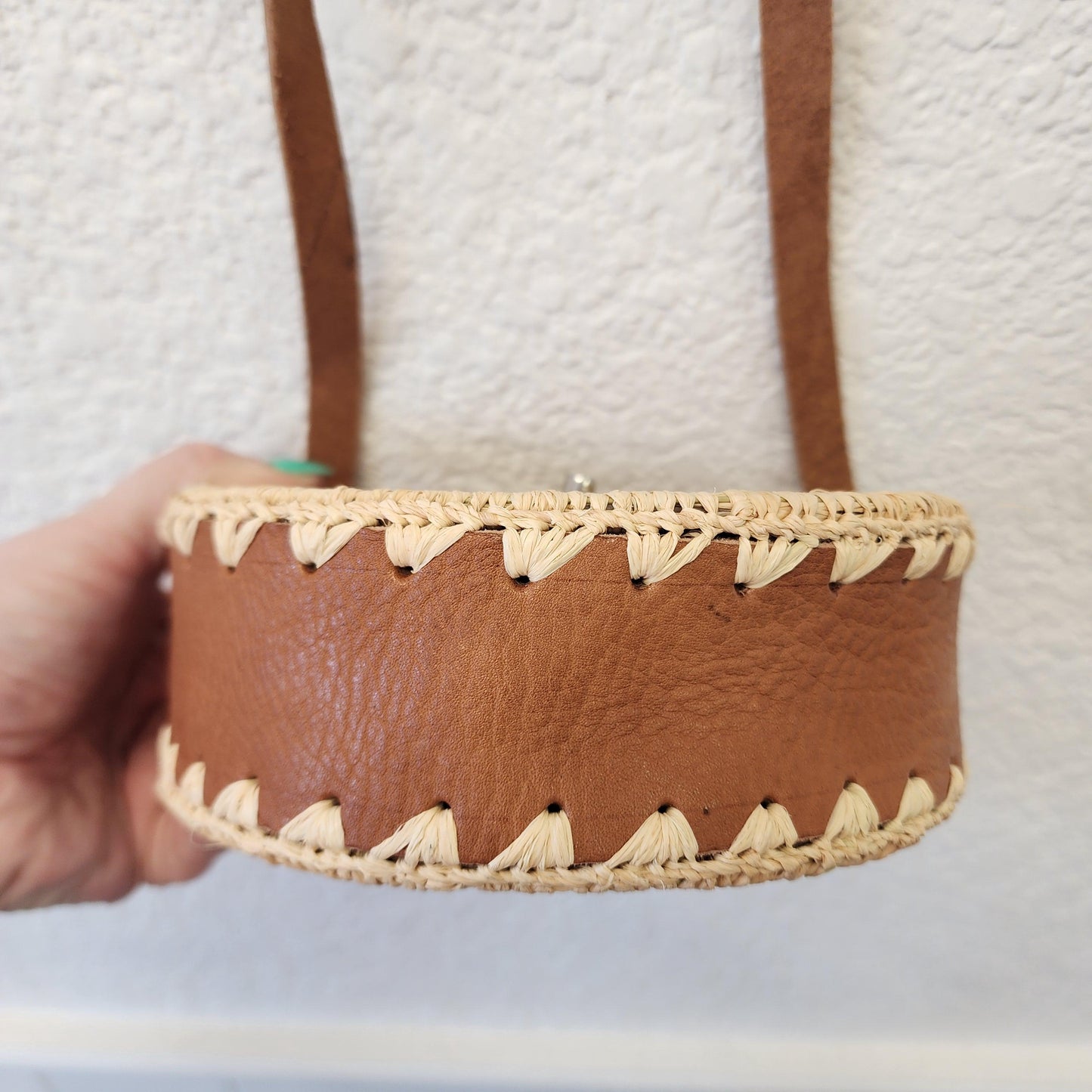 Unique Handmade Moroccan Round Leather Raffia Satchel - Tooled, Beachy Purse from Essaouira, Morocco