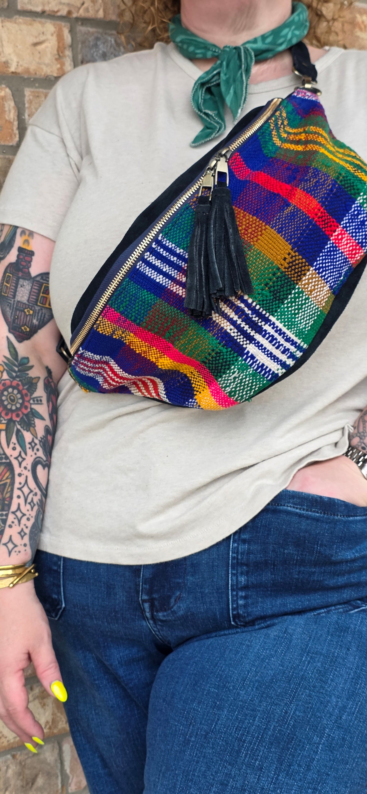 One‑of‑a‑Kind Moroccan Blanket Bum Bag – Upcycled Belt Bag with Contrasting Suede & Adjustable Strap (3 Colorways)